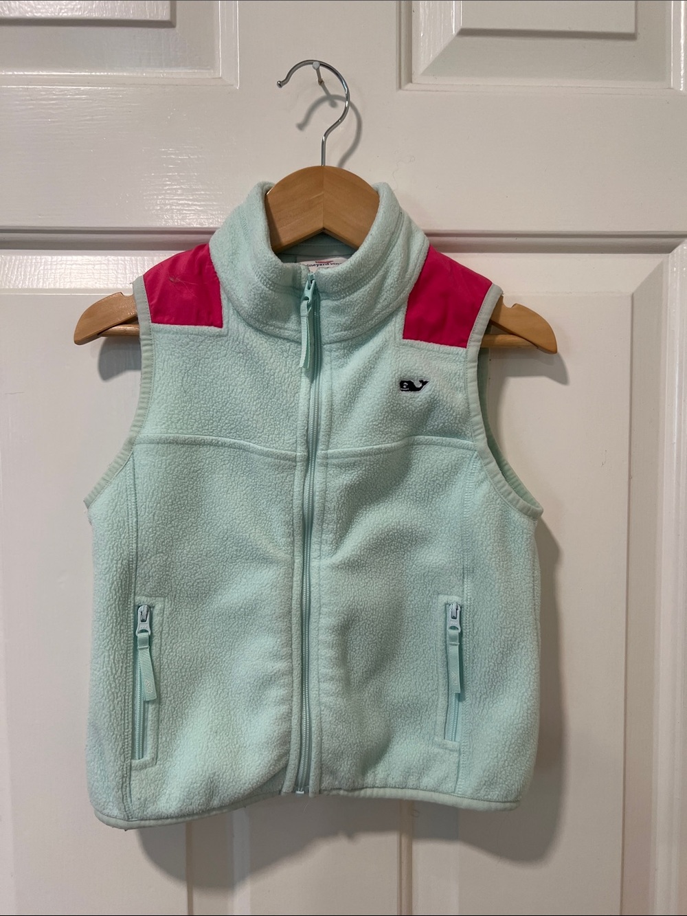 Vineyard Vines Girls' Mint Fleece Vest with Pink Shoulder Panels